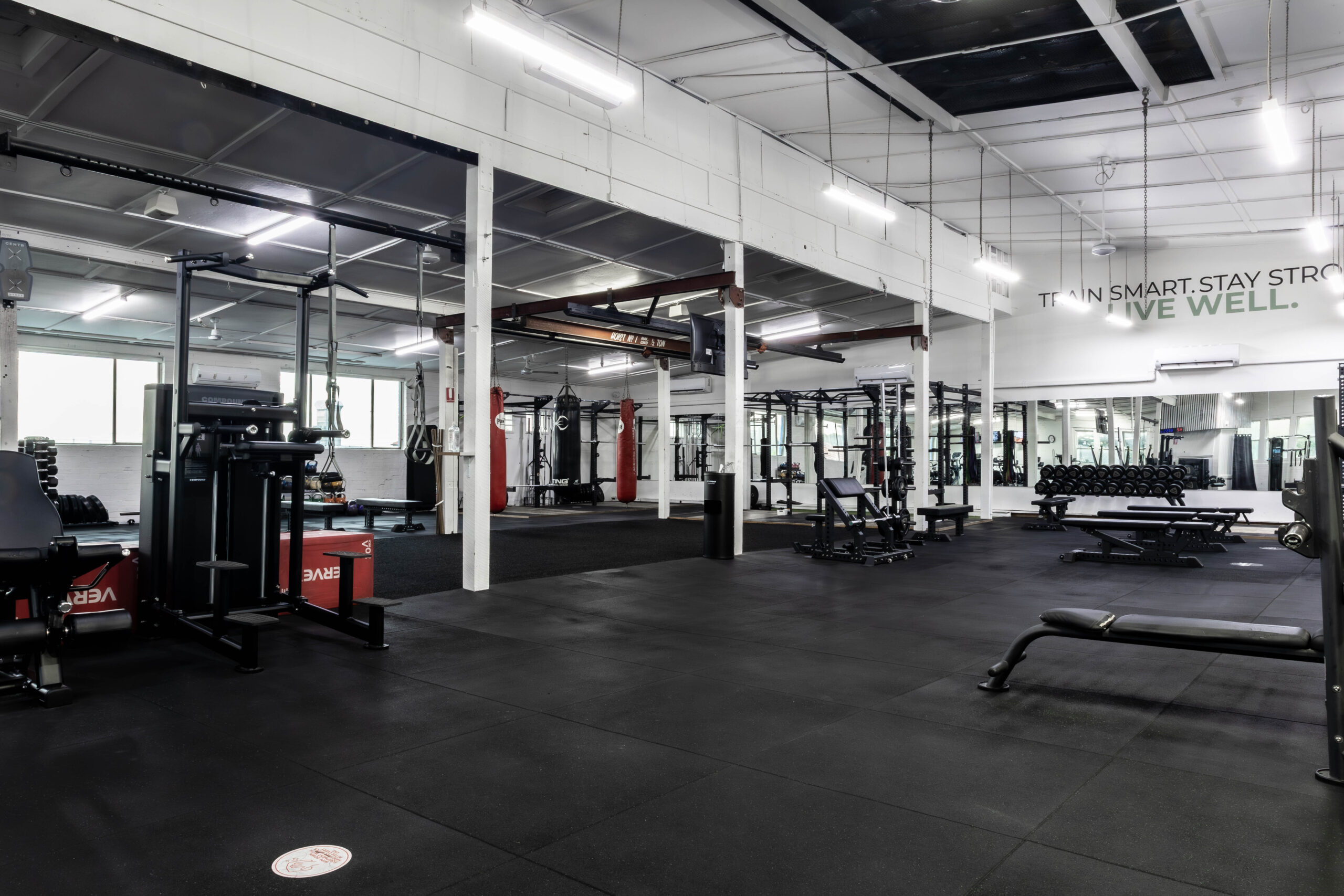 Wide view of the Catalyst Training Co gym floor in Randwick showing the rig, cable machines and open training space